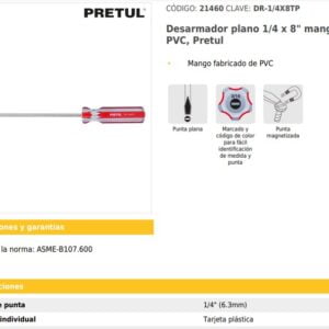 Desarmador Plano Pretul 1/4 X 8": imagen 3