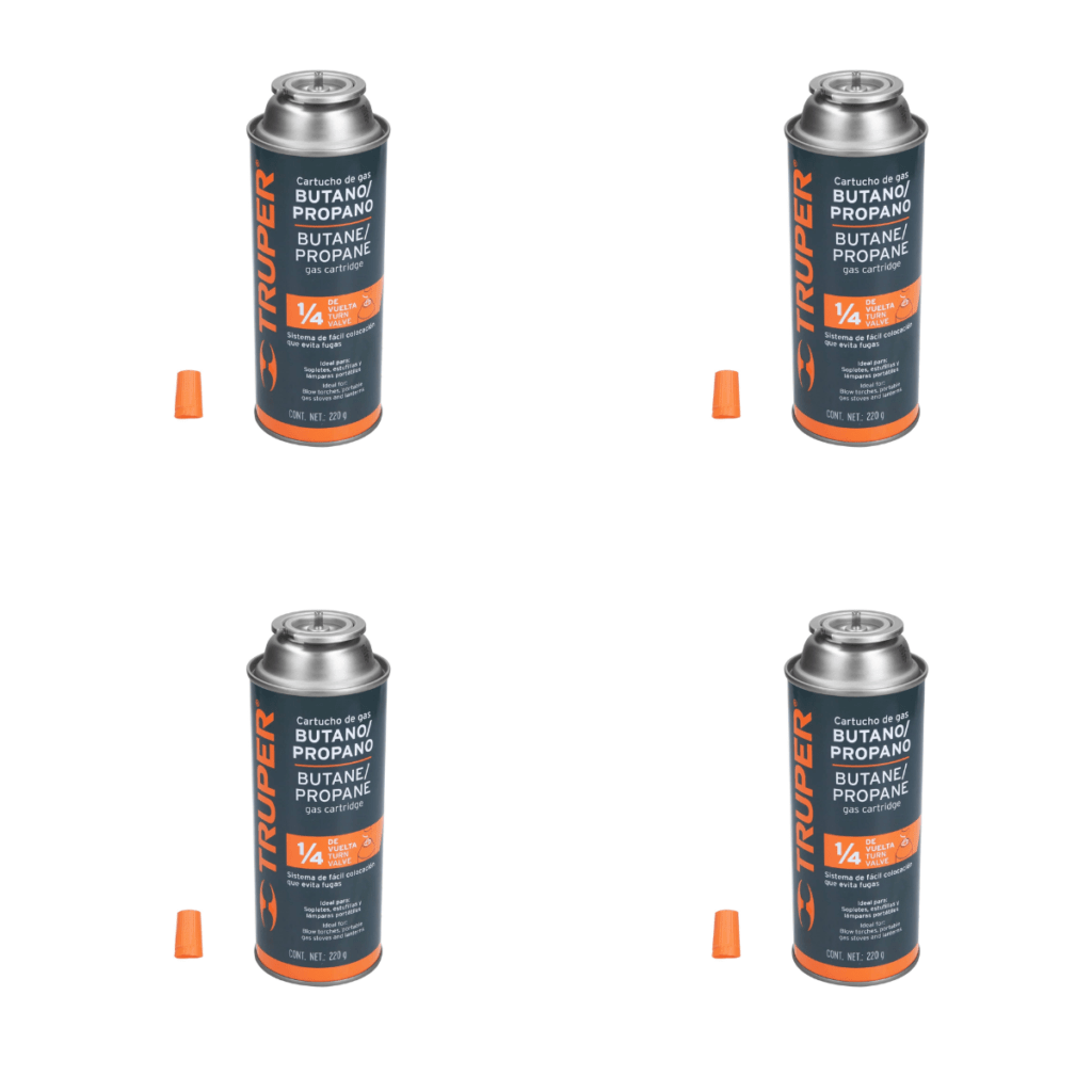 4 Latas De Gas De 220 G Válvula De 1/4 De Vuelta, Truper 11920