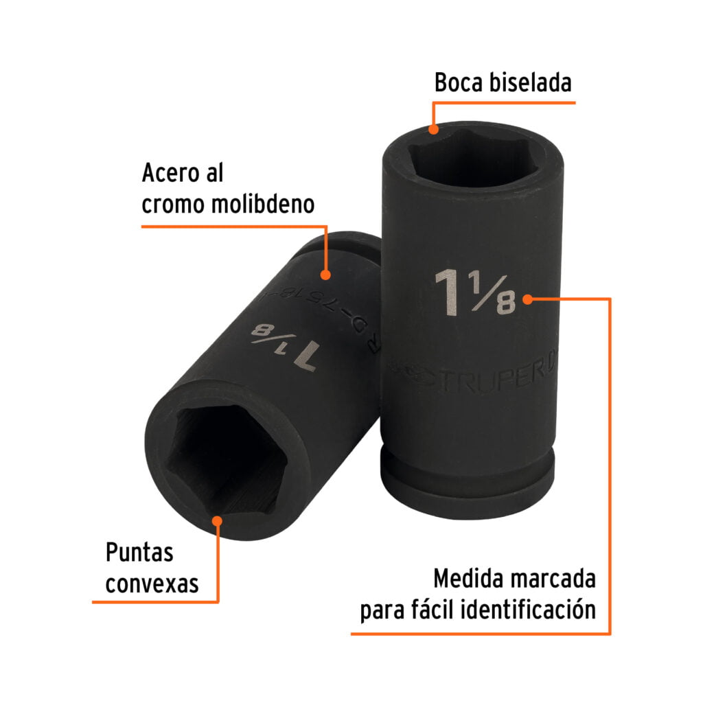 Dado Impacto Cuadro 3/4 Largo 6 Puntas 1 1/8 Truper 12436