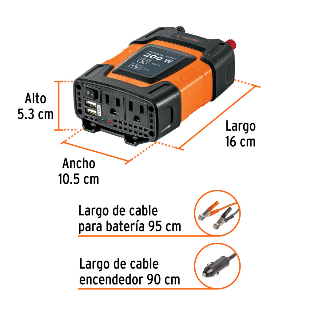 Inversor de corriente de 200 W con puertos USB, Truper 10448
