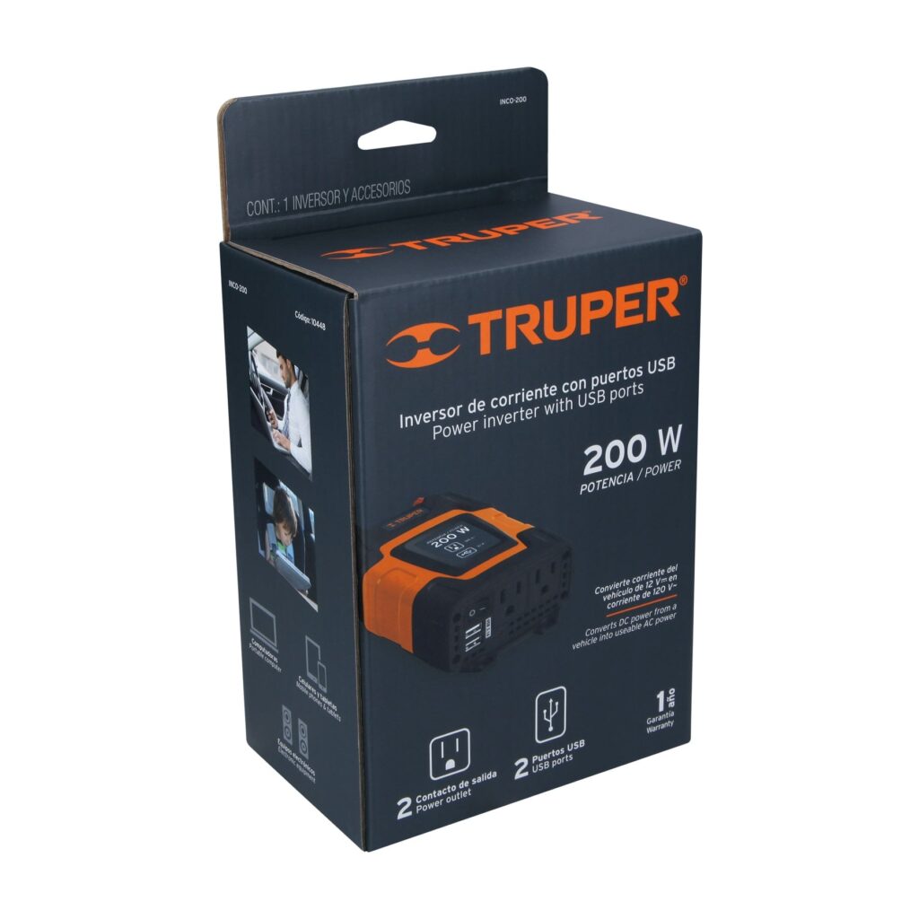 Inversor de corriente de 200 W con puertos USB, Truper 10448