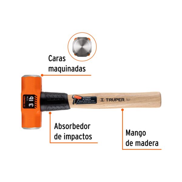 Marro octogonal 3 lb, mango de madera 12" Truper 16507 - Image 2