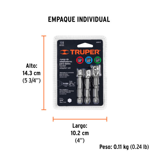 Juego De 3 Adaptadores Para Dados De 1/4 3/8 1/2 Truper 10752 - Image 4