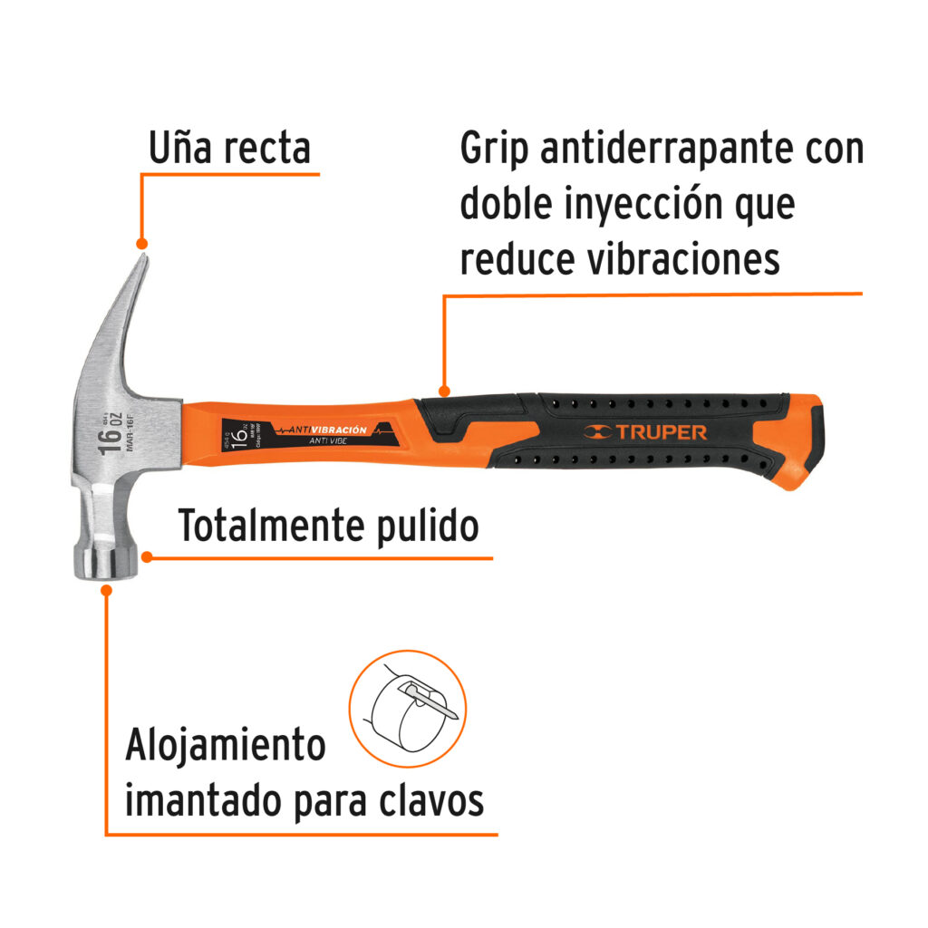 Martillo 16 Oz Uña Recta Mango Fibra De Vidrio Truper 19997